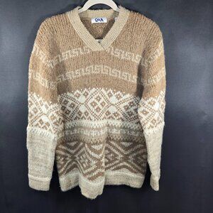 Q&A Knit Sweater Fair Isle Long Sleeve V-Neck Pullover Wool Blend Size M (N-4)